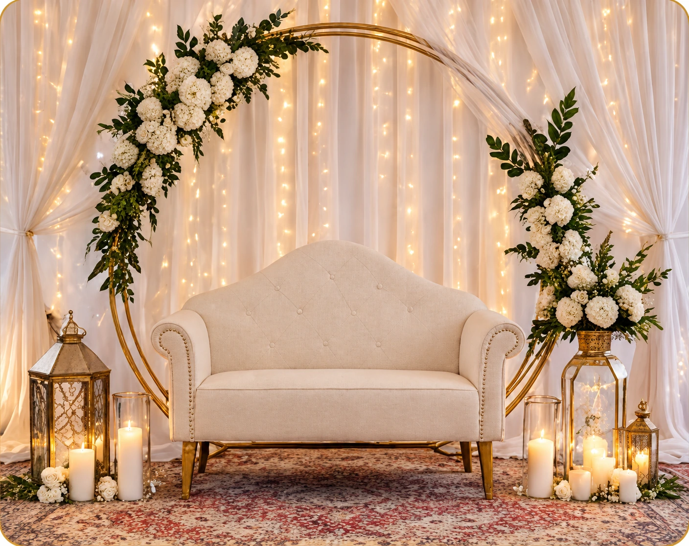 Illustrative floral arch and celebration backdrop