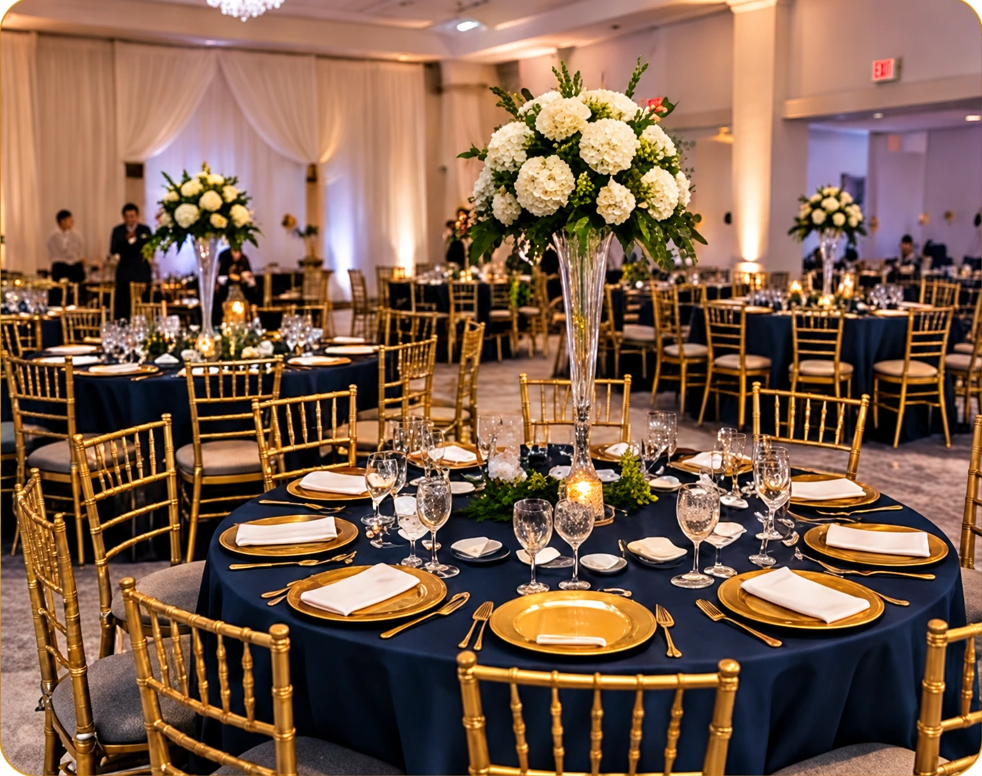Illustrative navy and gold reception styling from the ACE capability sheet